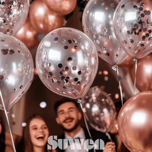 Image of SUWEN Metallic Rose Gold and Confetti Balloon Set 47PCS Latex Helium Chrome