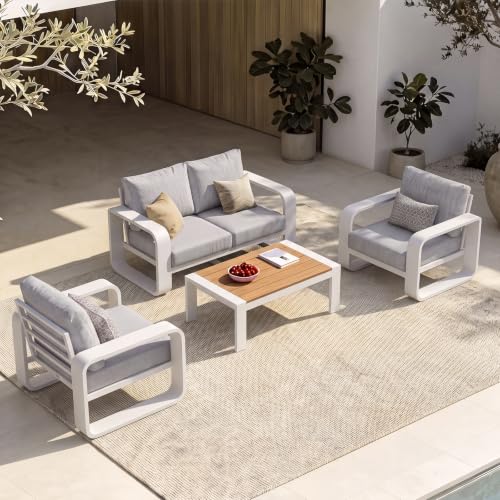 Image of Oversized Aluminum Outdoor Furniture Set, Extra Large Patio Furniture Sofa Set 4.8 inch Widened Armrest & Ultra-Thick Cushions, 4 Pcs Modern Patio Sectional for Backyard, Deck, White