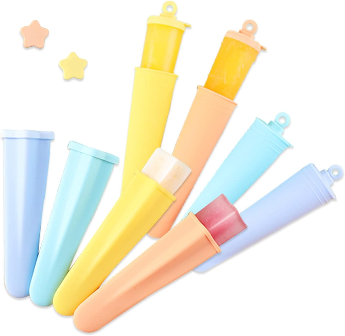 Silicone Ice Pop Molds Popsicles Molds, 8 PCS Reusable Hand Held Popsicles Makers for Kids, Multicolored Round Shaped Ice Pop Molds with Attached Lid for DIY Ice Cream Yogurt Sticks Jelly Chocolate
