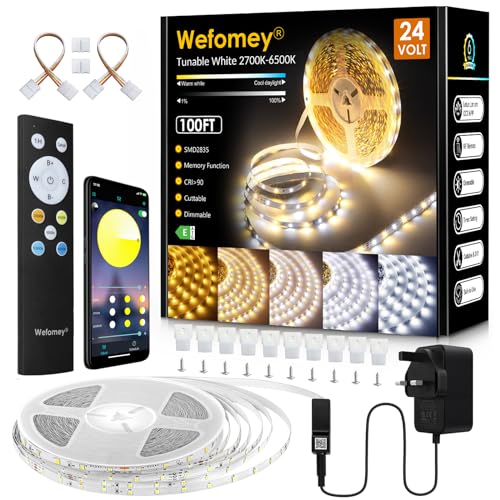 Wefomey White LED Strip Light, 30M Dimmable Bright 24V Led Tape Light with Remote and App Control, 2700K-6500K White 1440 LEDs Lights for Bedroom, Kitchen, Ceiling(1X30M)