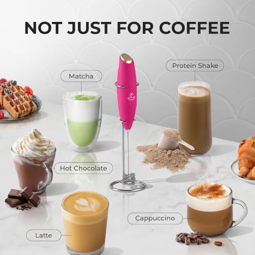 Image of Zulay Kitchen Powerful Milk Frother Wand With Duracell Batteries - Ultra Fast Handheld Drink Mixer - Electric Whisk Foam Maker for Coffee, Lattes, Cappuccino & Matcha - Triple Whisk - Magenta Gold
