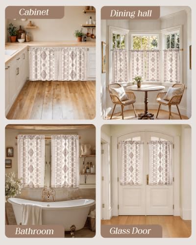 Image of Miss Adola Boho Kitchen Curtains - 45 Inch Length Linen Blend Geometric Striped Cafe Curtains Western Tier Curtain Short Drapes Rod Pocket for Bathroom Living Room Windows Light Filtering, 2 Panels
