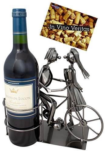 BRUBAKER Wine Bottle Holder 'Couple on Bike' - Table Top Metal Sculpture - with Greeting Card