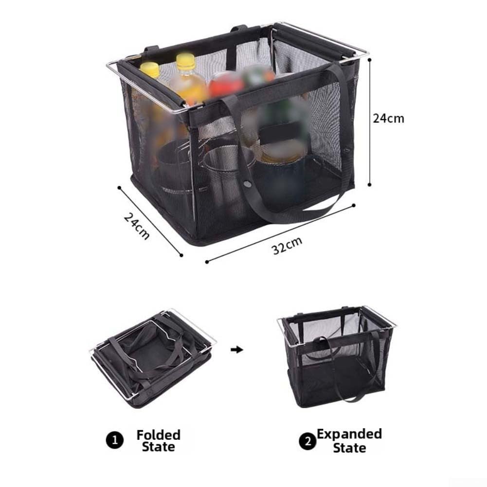 Borsa portaoggetti da campeggio per unità IGT cestino filtro a rete con telaio in acciaio inossidabile Base in PE Organizer pieghevole da picnic per stoviglie da tè Grande capacità Nero