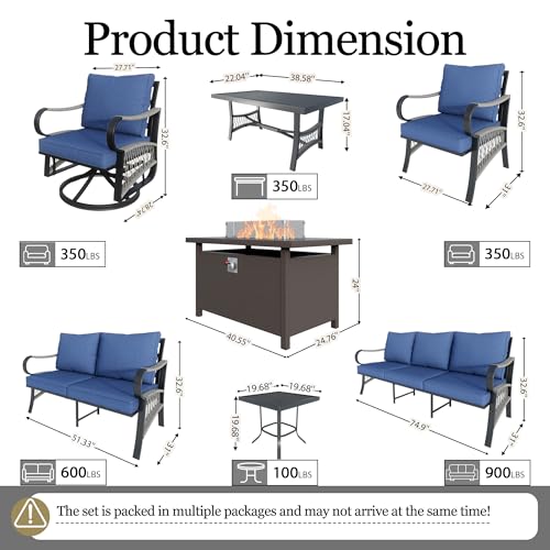 Image of 12-Piece Outdoor Furniture Set, Metal Swivel Rocking Chairs with All-Weather Cushions, Patio Conversation Set with Fire Pit Table for Deck, Porch, Garden, Backyard, Poolside (Blue Cushions)