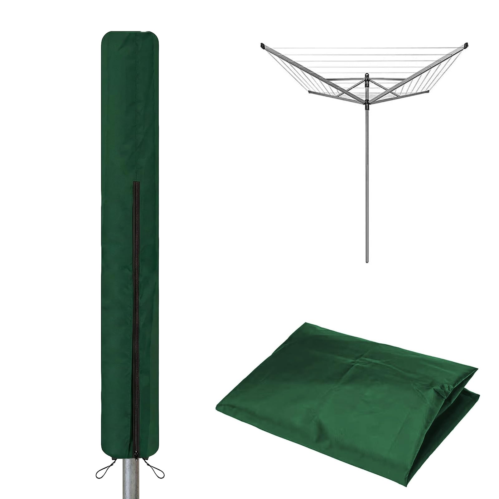 AMSGANK Rotary Washing Line Cover, 600D Heavy Duty Oxford Fabric Waterproof Rotary Dryer Cover with Zip for Rotary Clothes Line, 165x16x16cm (Green)