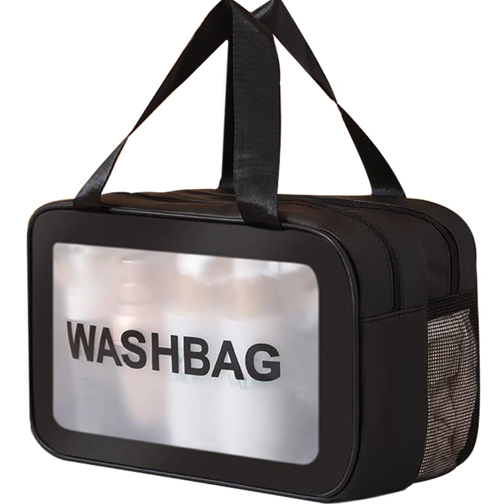 YIMIKE Travel Toiletry Bag,Large Clear Makeup Bag,Cosmetics Bag,Transparent Skin Care Bag for Toiletries,Waterproof & Draining,2 in 1 PVC Toiletry Organizer Thickened Wash Bag for Women Men (Black)