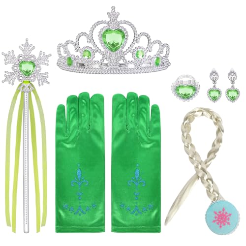 URAQT 6 Pièces Accessoires de Costume Anna avec Couronne, Baguette, Gants, Tresse, Boucles d'Oreilles Vertes et Bague pour Noël, Fêtes d'Anniversaire,...