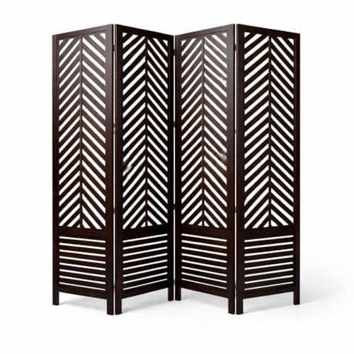 Image of Wooden Room Divider 6 Feet, 4-Panel Folding Wooden Partition for Living Room, Office, Pooja Room, Restaurant, Kitchen & Balcony (2W x 1.82H Meters). (Brown-Lattice Pattern).