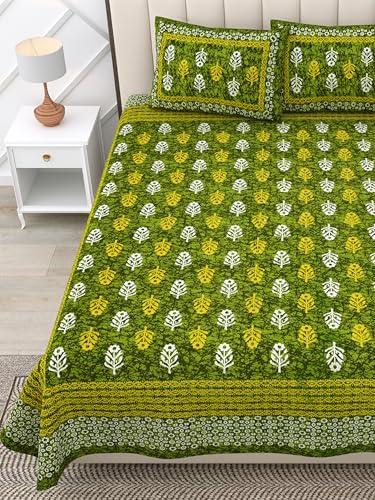 Image of RajasthaniKart 100% Cotton 180 TC King Size BEDSHEET with 2 Pillow Cover - 90X108 (Suitable for King Size Bed Sheet or Double Bed, Green Booty Jaipuri, 5300)