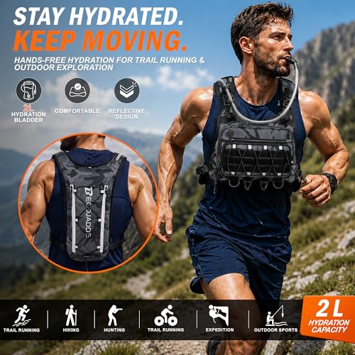 Image of BECOJADDE Running Vest for Men with 2L Water Bladder Tactical Hydration Backpack Adjustable Lightweight Chest Pack for Marathon Hunting Cycling