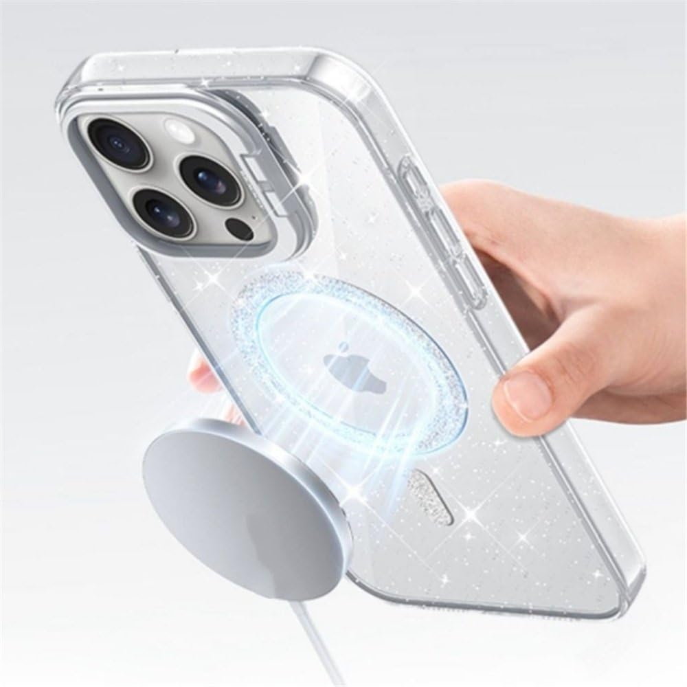 Luksusowy przezroczysty magnetyczny uchwyt na telefon z brokatem Flash do iPhone'a 11 12 13 15 16 Pro Max Plus, fioletowy, do iPhone'a 16 Plus