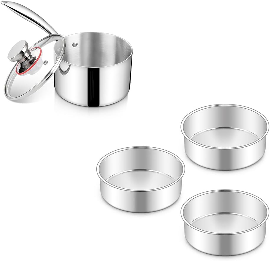 Saucepan & Round Cake Pan, 2QT Tri-Ply Stainless Steel Sauce Pan with Lid for Kitchen Cooking, 6 INCH Small Baking Pans 3 Pack for Oven & Dishwasher