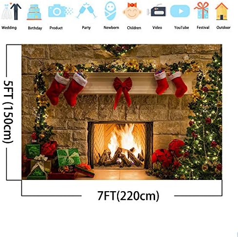 Mehofoto Christmas Fireplace Backdrop 7x5ft Xmas Socks Tree Gift Decorations Party Supplies Christmas Eve Fireplace Photography Background