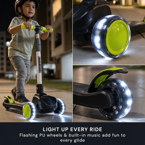 Image of Baybee Phantom Baby Kick Scooter for Kids | Foldable Skate Scooter with 3 Height Adjustable Handlebar, Brake LED PU Wheels & Music | Runner Scooters for Kid 2 to 10 Years Boy Girl (Black)
