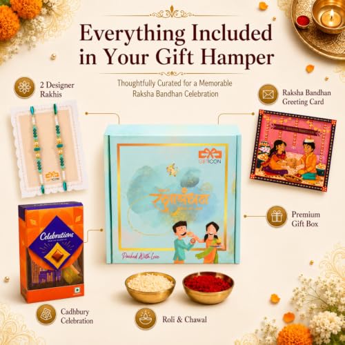 Image of Gifticon Rakhi for Brother with Chocolate | Premium Designer Rakhi, Chocolate, Roli Chawal, Greeting Card & Premium Gift Box | Rakhi Hamper for Raksha Bandhan