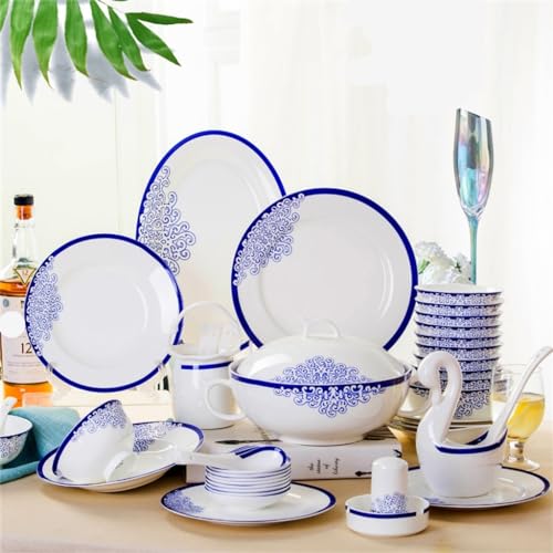 DYHWAC Juego de vajilla de Porcelana con 60 Huesos de la Cabeza, Cuenco de cerámica, Esmalte Azul y, Juego de Platos domésticos de Color Medio