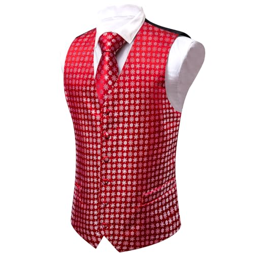 Image of Barry.Wang Mens Red /Green Christmas Suit Vest Tie Holiday Xmas Waistcoat | 4PCS;V-neck;Snow;Christmas Tree;Snowman;Vest Hanky Cufflinks;Family Party;2 Pockets;Prom;Tuxedo;Halloween;Performance;Banquet