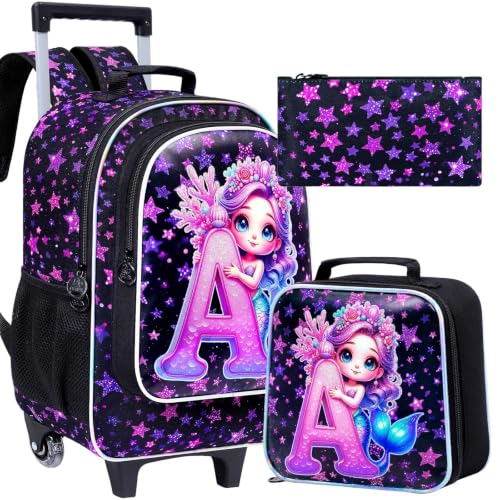 Image of CCJPX 18 inch Mermaid Rolling Backpack for Girls, 3Pcs Kids Wheeled Bookbag with Lunch Box, Lightweight Roller School Bag for Elementary Preschool (Black)