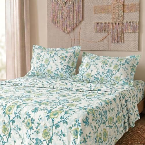 Image of LANE LINEN Symphony | 100% Cotton Sheet Set | Soft & Breathable Fabric | 3 Piece (1 Bedsheet + 2 Pillow Covers) | Super King Bed Sheet Set - Mint and Aqua Flower