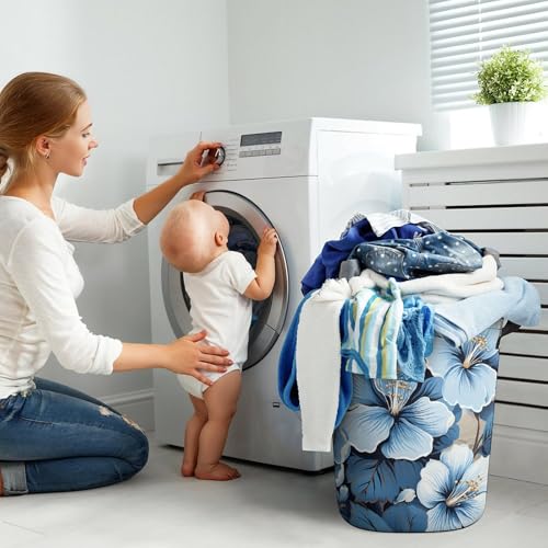 Panier à linge pliable imperméable grand format et bac à linge fleurs bleu - 8