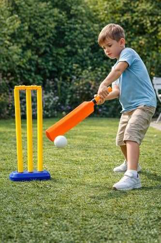 Image of SPRAWA Kids Cricket Kit Set for Children | Plastic Cricket Bat Ball & 3 Stumps with Bail | Lightweight Indoor & Outdoor Cricket Toy Kit for Boys & Girls | Safe Fun Sports Game Set (Orange Big Bat)