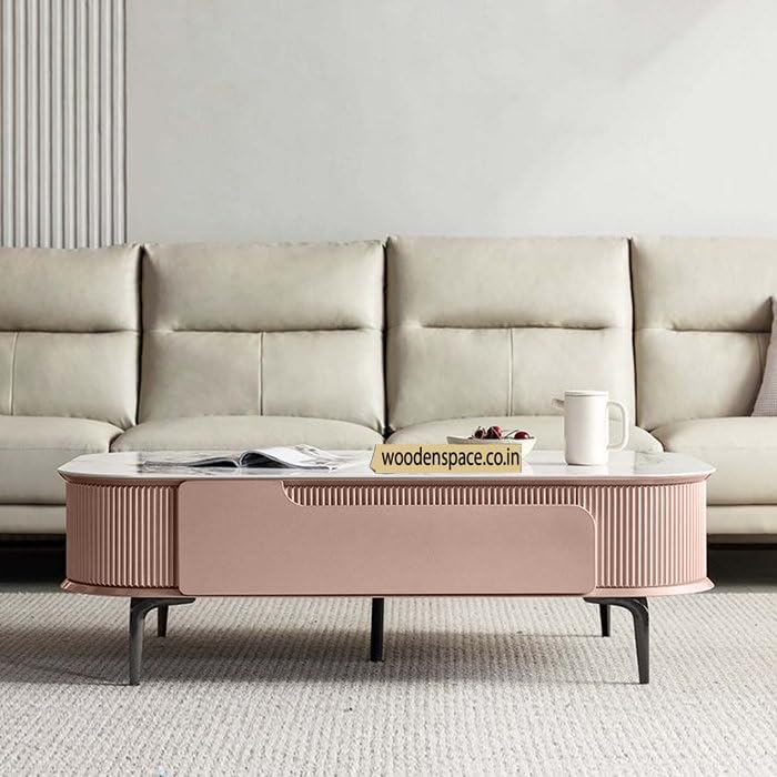 Image of WOODEN SPACE Premium Solo Marble-Top Wooden Center Table for Living Room | Iron Legs | PVD Coating | Modern Entryway Furniture | Coffee Table - 42X24X18 in (Pink)