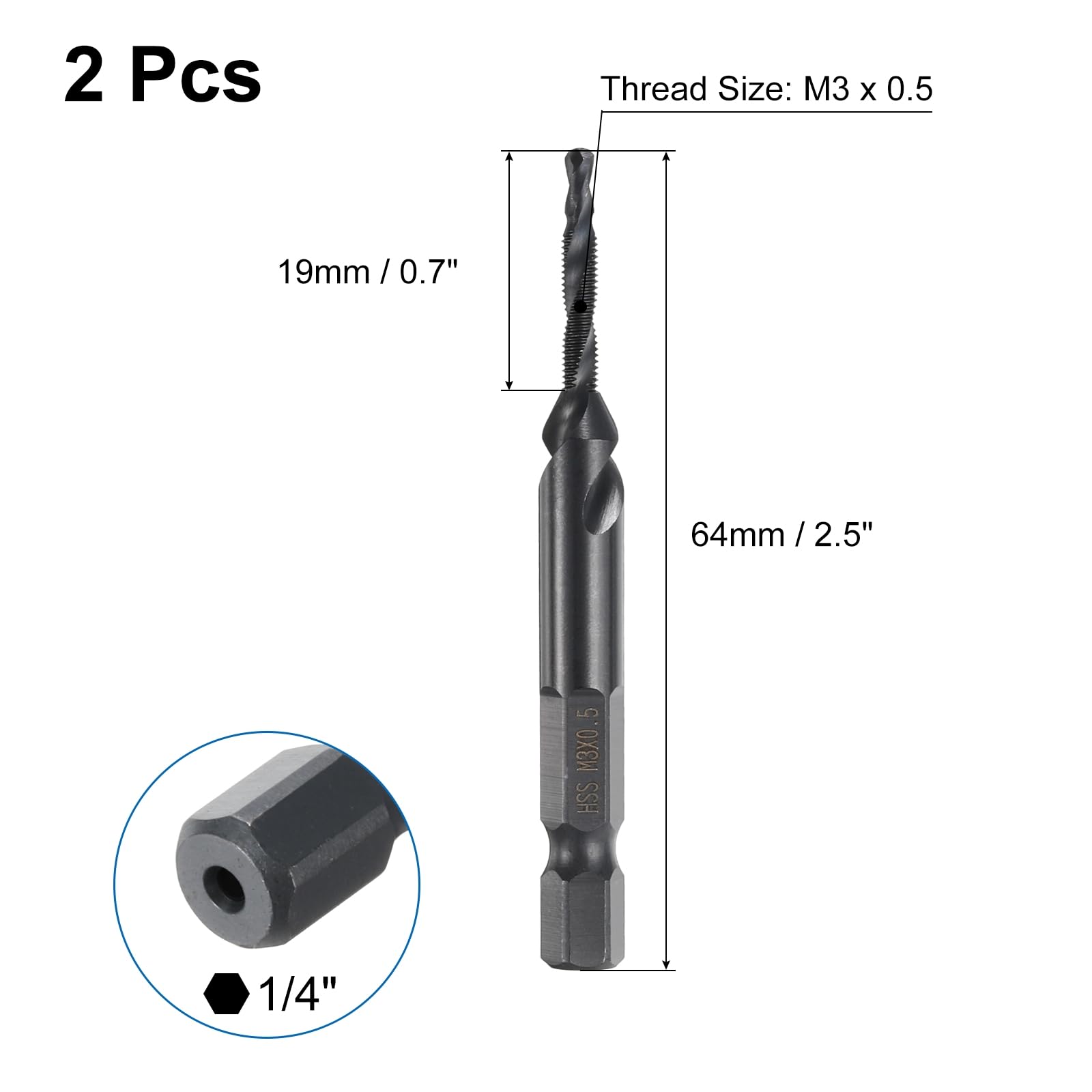 QUARKZMAN 2pz Trapano Maschio Combinati Metrici M3 x 0.5 Filettatura 1/4" Esagonale Rivestiti Nitruro Punte Filettatrici Acciaio Alta Velocità 4341 Kit Attrezzi