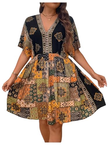 Image of MakeMeChic Women's Plus Size Boho Dress Half Sleeve Flowy Sundress V Neck Summer Short Dresses