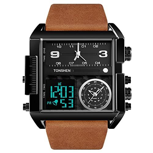 TONSHEN Mens Fashion Digital Stainless Steel Watch with Leather Band Outdoor Military Multifunction LED Electronic Analog Quartz Three Time Sport Watches Large Rectangular Dial (Black 2) TONSHEN Mens Fashion Digital Stainless Steel Watch with Leather Band Outdoor Military Multifunction LED Electronic Analog Quartz Three Time Sport Watches Large Rectangular Dial (Black 2)