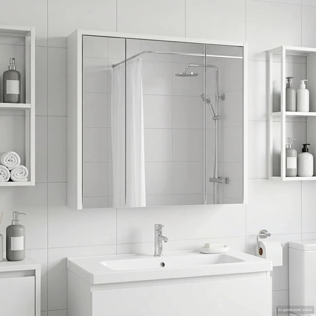 Armadietto da bagno con specchio in legno bianco, 63,5 x 16 x 62,5 cm, con ripiano regolabile, da appendere alla parete, per bagno degli ospiti, WC, doccia, portaoggetti e ripiano per