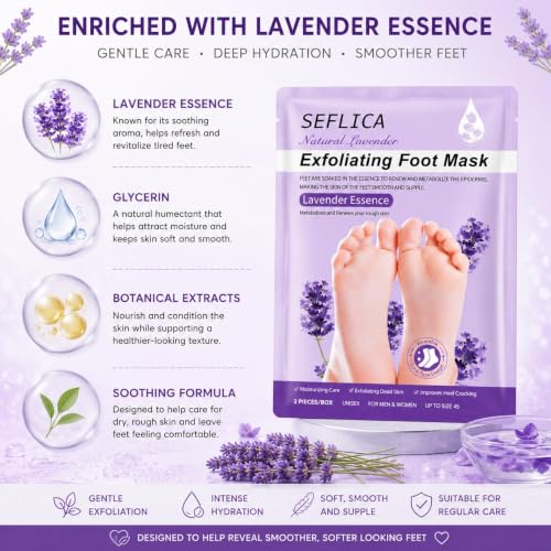 Image of Lavender Foot Peel Mask for Dead Skin Removal | Exfoliating Foot Mask Socks for Dry Rough Cracked Heels | Hydrating Moisturizing Foot Care | 1 Pair