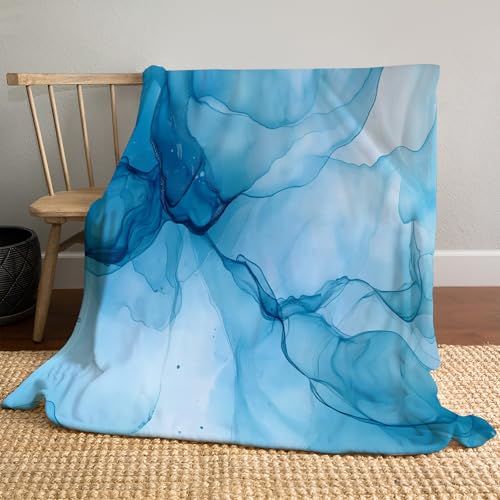 JSCWDET Mármol Azul Mantas para Sofa Franela 130×150 Cm, Manta para Cama Invierno Ultra Suave Polar, Manta Sofa Pelo Largo Tinta De Acuarela para Sofá, Cama O Sala De Estar