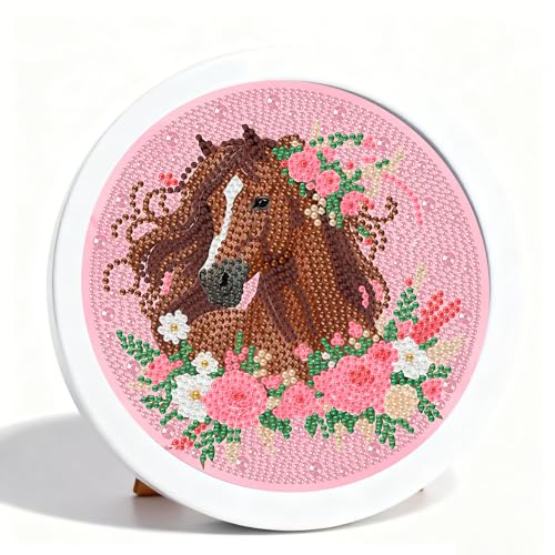 YarnWhimsy Diamond Painting Kinder Pferd Diamant Painting Bilder Kinder Tier Kreativ Crystal Diamond Bastelset für Mädchen und Junge ab 8 9 10 11 12 Jahre 21x21cm runde Rahmen