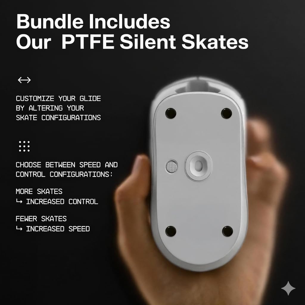 Wallhack SP-004A Glass Mouse Pad White + PTFE Silent Mouse Skates Bundle | Ultra-Fast Glide & Silent Precision | Micro-Etched Tempered Glass Surface + Modular Dot Skates for Custom Speed & Control