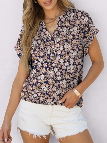 Image of ANRABESS Womens Short Sleeve Henley Tops V Neck Dressy Casual Blouses Summer Trendy Tee Shirts 2026 Vacation Fashion Clothes