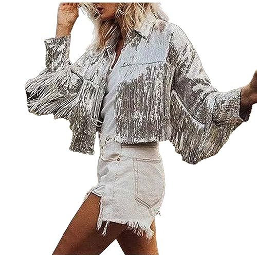 Zeiayuas Veste Paillettes Femme Court Disco Cardigan Brillante Blousons à Frange Rockabilly Années 50 Vintage Manteau Manches Longues à Sequins Haut Tops...