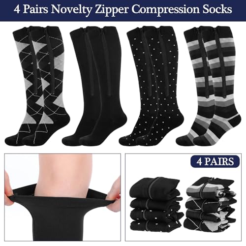 Image of Tarpop 4 Pairs Men Zipper Compression Socks Colorful 20-30mmhg Compression Stockings with Zipper for Men Women Swelling Edema