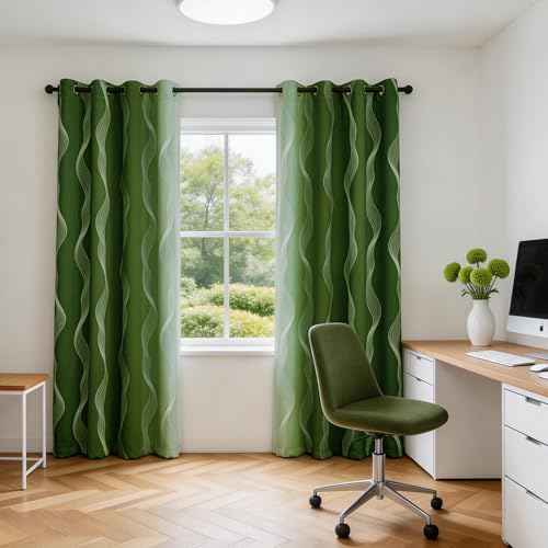 Image of MYSKY HOME Green and Greyish White Blackout Patterned Curtains 72 inch Long 2 Panels for Bedroom Ombre Geometric Thermal Insulated Wave Line Foil Print Grommet Window Curtains, 52 inch W Each Panel
