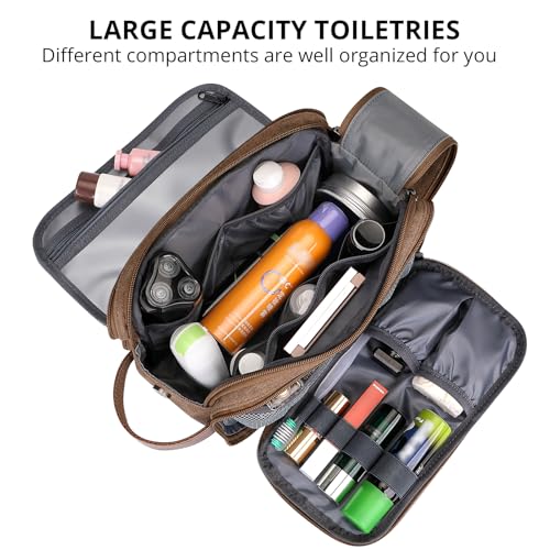 Image of WITZMAN Canvas Toiletry Bag for Men Large Capacity Hanging Dopp kit for Men Leather Toiletries Water-Resistant Bathroom Bag(A8002 Brown)