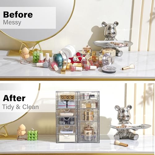 Image of Prsildan Hair Accessories Organizer Acrylic Drawer with 10 Drawers | Clear, Craft Art Supply Storage, For Office Desk Bathroom Vanity Countertop, Set of 2