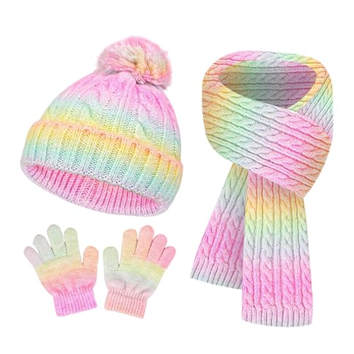 SK Studio Kids Winter Hat Gloves Scarf Set, Girls Toddler Beanie with Pom Knit Neck Warmer Gloves Fleece Lined Set