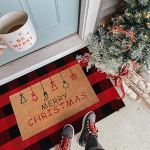 Christmas Door Mat Combo Set - 100% Coco Coir Welcome Mat + 28 x 43 Inch Red and Black Plaid Rug, Holiday New Year Christmas Collection Decorative Doormat for Front Porch Entryway Decor Christmas Door Mat Combo Set 100 Coco Coir Welcome Mat 28 x 43 Inch Red and Black Plaid Rug Holiday New Year Christmas Collection Decorative Doormat for Front Porch Entryway Decor