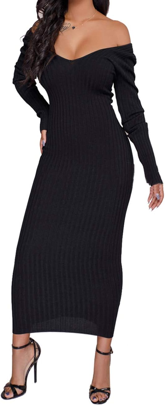 SheKiss Women's Off Shoulder Long Sleeves Bodycon Sweater Dress Sexy Knit Slim Cardigans - Image 4