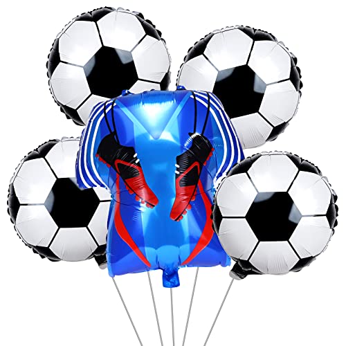 5 Stück 45.7 cm Fußball-Folienballons und 68.9 cm blaues Fußballtrikot-Ballon-Set, große Größe, Aluminium-Sportballons, hängende Dekoration für Fußballspiel-Thema, Kindergeburtstag, Partyzubehör