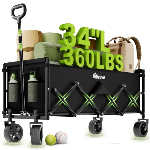InBrave Extra Long Collapsible Wagon Cart, 360LBS Heavy Duty Utility Wagons with All-Terrain Wheels, Foldable Grocery Carts for Gardening, Shopping, Beach, Camping, Black