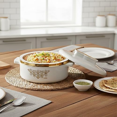 Image of CELLO Exotic 1000 Casserole Hot Pot Case for Daily Use 1000 ml, White | Double Wall PU Insulated Serving Hot & Warm Food Hot Pot Box | Stylish Airtight Kitchen Casserole Set for Roti Rice Biryani