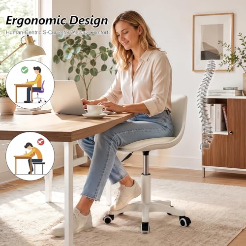 Image of Small Desk Chair Cute, Swivel Armless Task Chair with Soft Padded Cushion, Height Adjustable Home Office Desk Chair with Back for Adult, Study Room, Vanity, Office Work