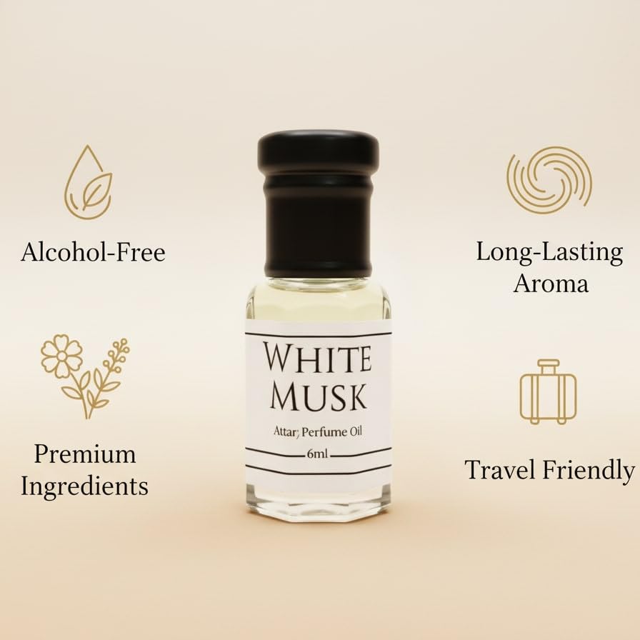 Image of White Musk Attar Perfume Oil 6ml Roll-On | Non Alcoholic Musk Fragrance for Men & Women | Long Lasting Natural Perfume Oil | Soft Powdery Floral Scent | Pocket Roll-On Gift Attar
