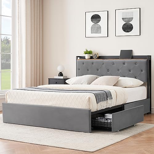 IDEALHOUSE Velvet Upholstered Queen Size Platform Bed Frame with 4 Storage Drawers and Headboard, Charging Station, USB Ports,Mattress Foundation with Wooden Slats Support,No Box Spring Needed,Gray